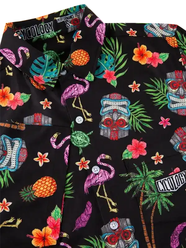 Black tropical print cycling shirt with flamingos, pineapples, and hibiscus flowers for men and women