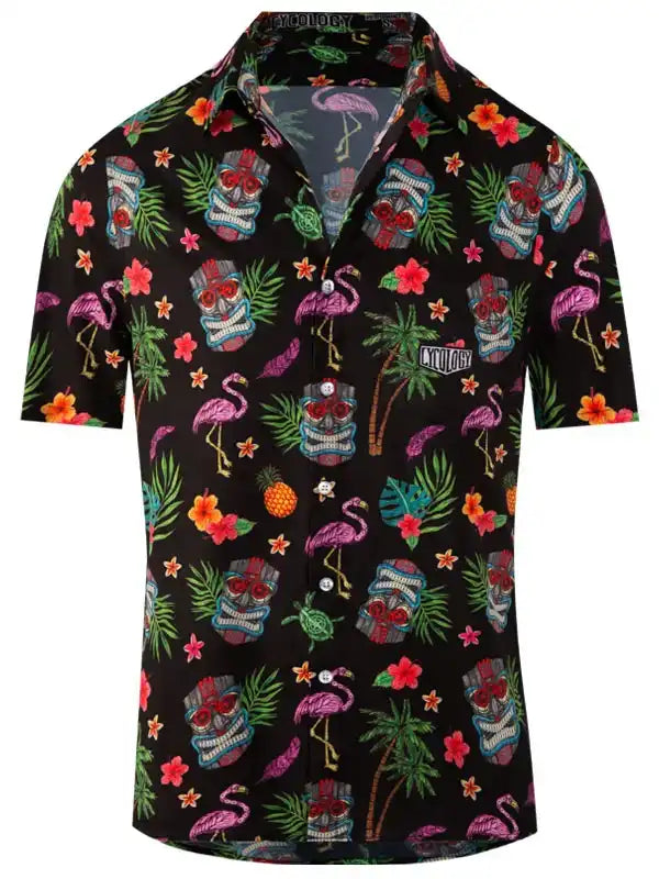 Black tropical print shirt with flamingos, tiki masks, and palm trees for men's casual wear