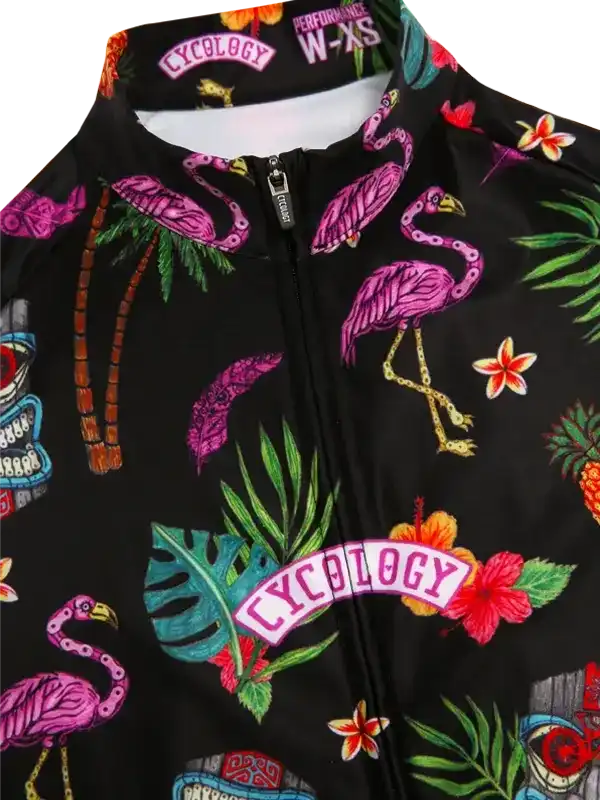 Black women's cycling jersey with pink flamingo, tropical leaf, and flower print, featuring full zip and brand logo.