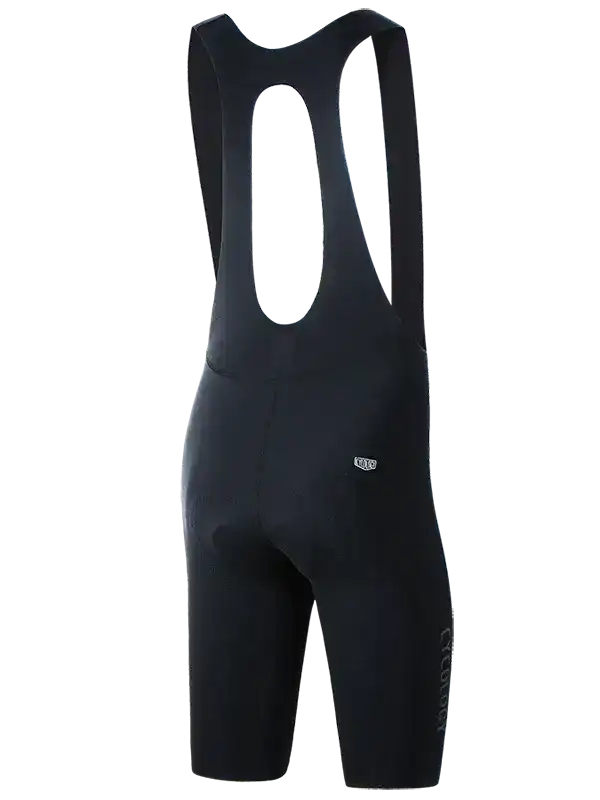 Black men's cycling bib shorts with ergonomic design and padded chamois for comfort