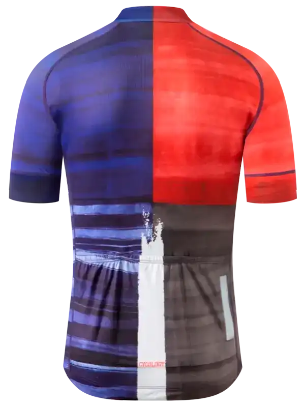 Men's cycling jersey with bold red and blue geometric design, rear view, reflective details