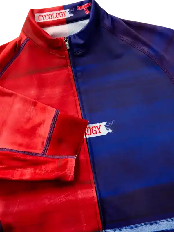 Red and blue men's cycling jersey with zip front and brand logo, high-quality fabric for performance
