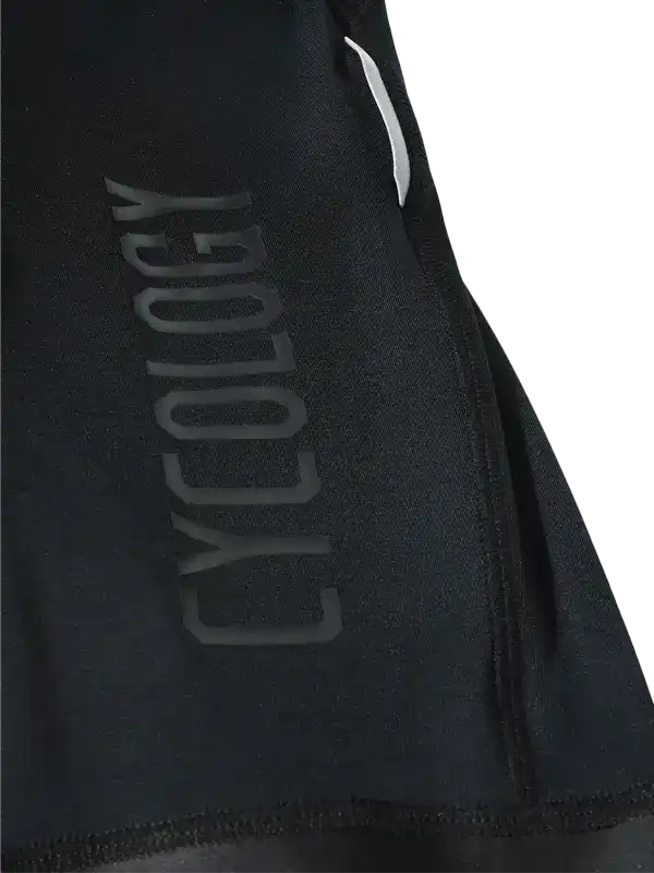 Black cycling jersey with 'CYCOLOGY' logo, high-quality fabric detail for men's and women's bike wear