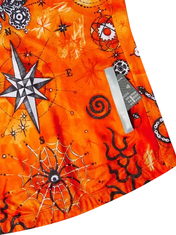 Orange cycling jersey with compass, spiderweb, and Halloween graphics for men's or women's bike wear