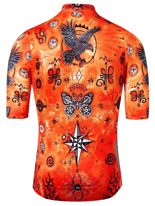Men's orange cycling jersey with eagle, butterfly, and compass print design for road biking