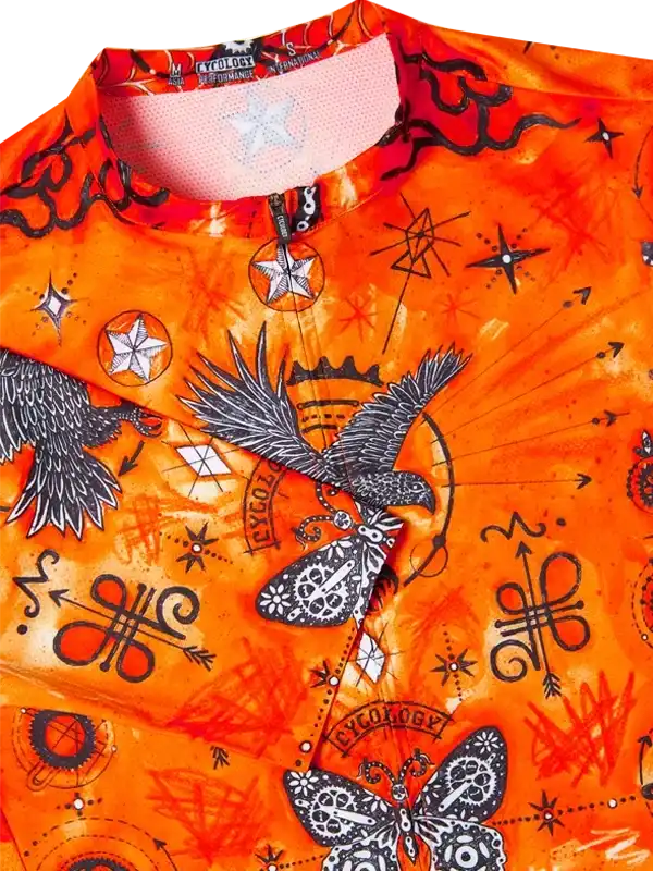 Vibrant orange cycling jersey with black eagle, butterfly, and star patterns, featuring breathable mesh collar.