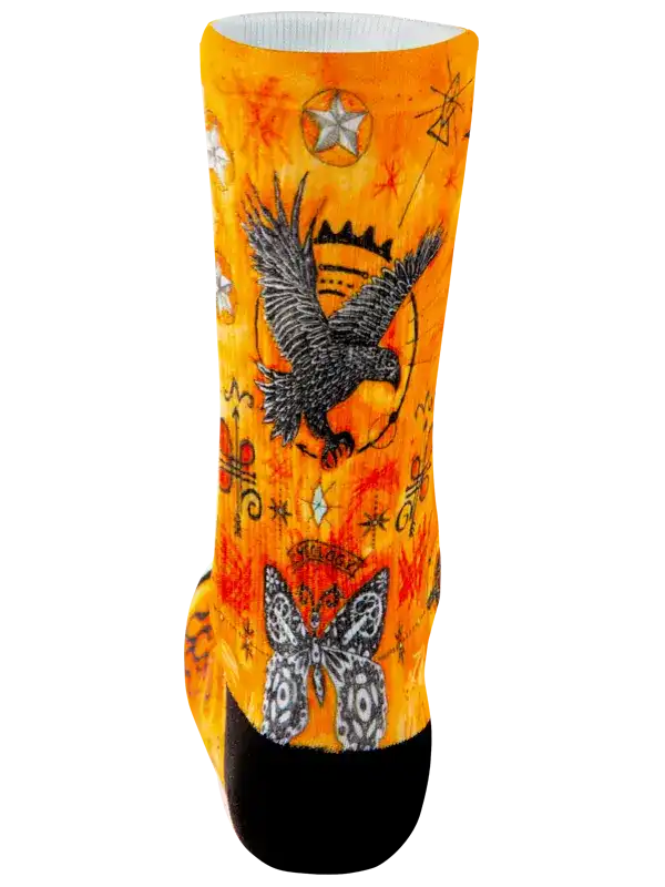 Orange cycling sock with black raven, butterfly, and star design for men and women
