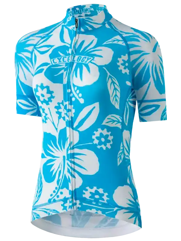 Women's blue floral cycling jersey with short sleeves and full zip, featuring tropical hibiscus print for summer rides.