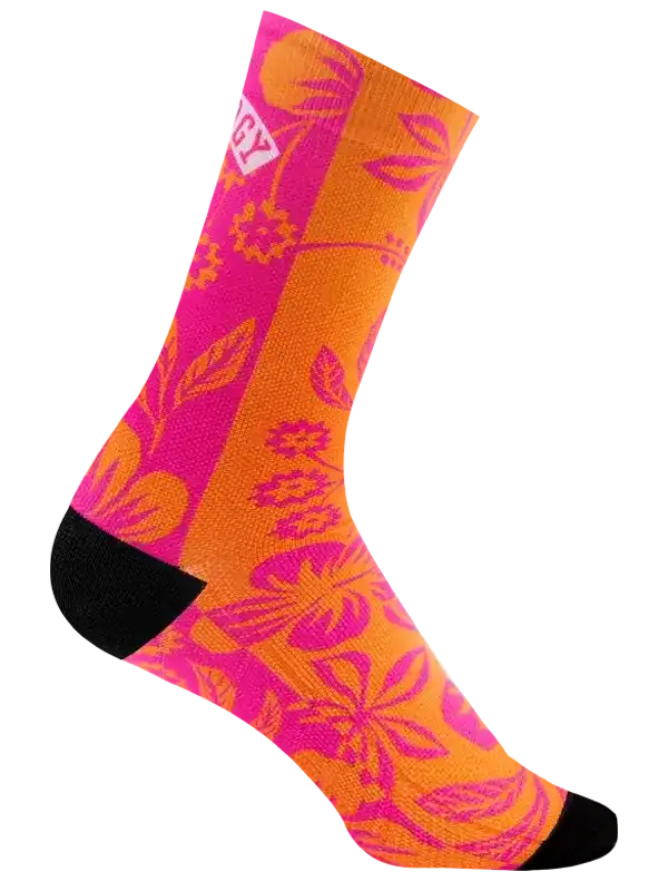 Vibrant pink and orange floral cycling socks with black toe and heel, perfect for bike rides.
