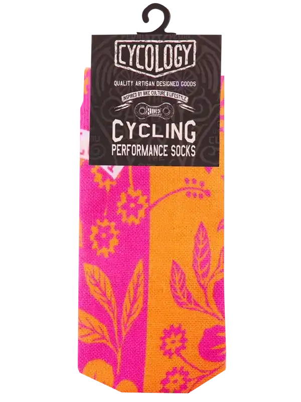 Vibrant pink and orange floral cycling performance socks with artisan design
