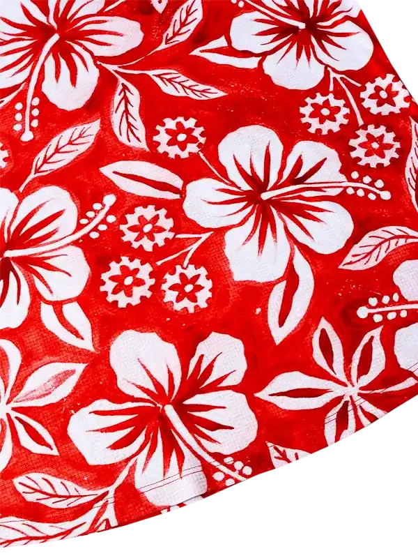 Red and white hibiscus floral pattern on cycling apparel fabric