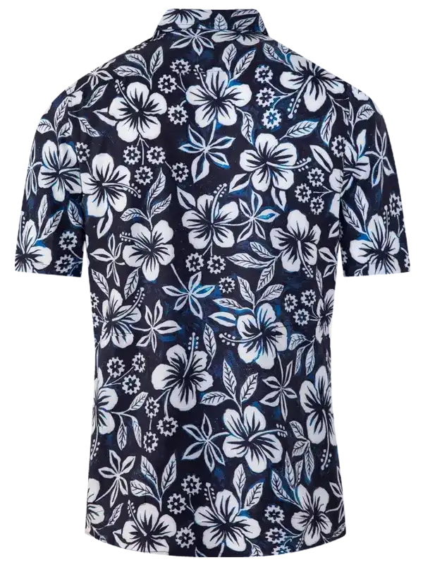 Men's navy floral cycling shirt with white hibiscus print, short sleeves, performance fabric