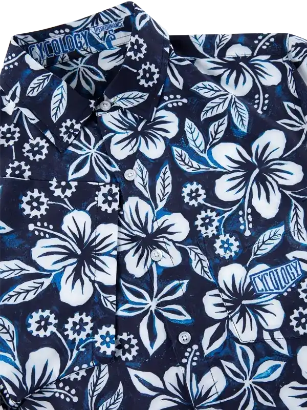 Men's cycling shirt with blue floral print and white hibiscus design, performance fabric