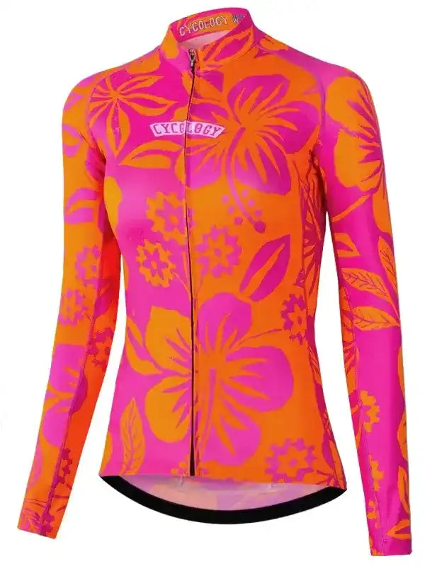 Women's long sleeve cycling jersey with vibrant pink and orange floral print, full zip front