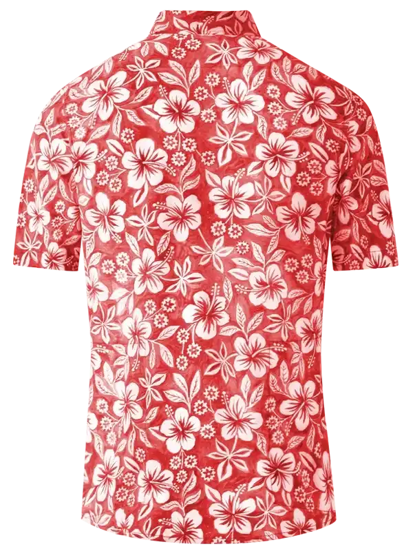 Red short-sleeve cycling shirt with white floral hibiscus print, breathable fabric for active wear