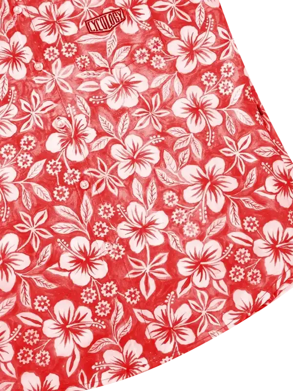 Red cycling shirt with white hibiscus floral pattern, lightweight fabric for active wear