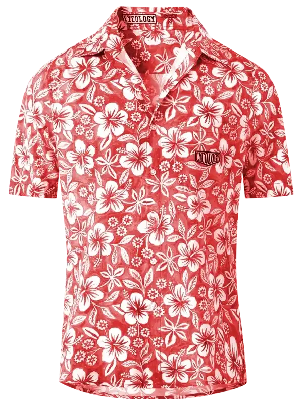 Red floral cycling shirt with white hibiscus print, short sleeves, and brand logo
