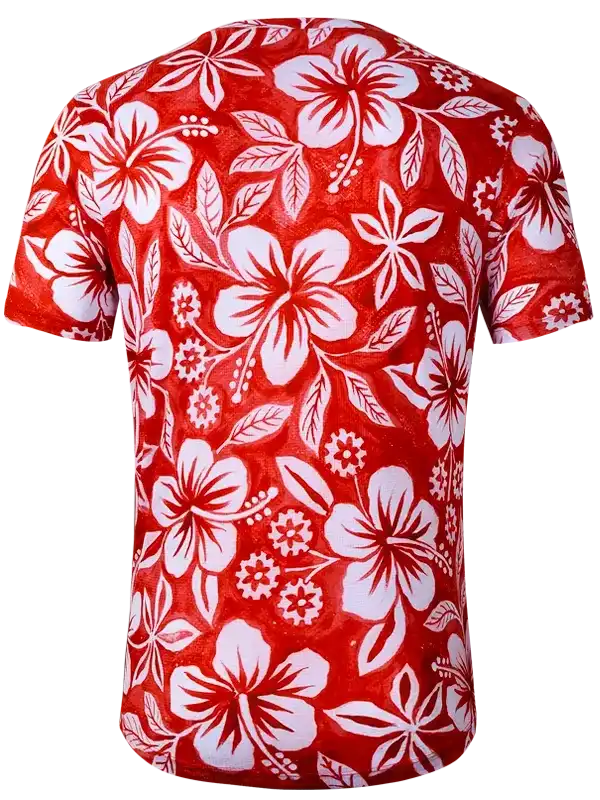 Red cycling jersey with white hibiscus floral print, breathable fabric for men's bike wear