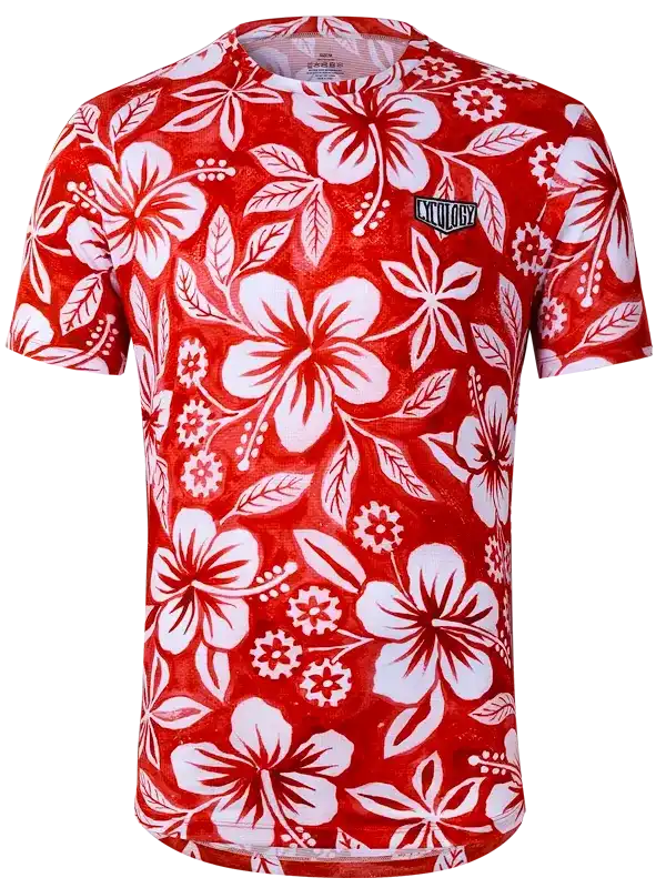 Red cycling jersey with white hibiscus floral print, short sleeve bike apparel for men or women