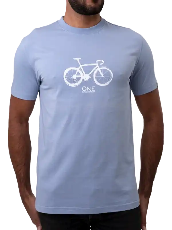Men's light blue cycling t-shirt with white bike graphic and 'ONE' text, ideal for bike lovers and casual wear.