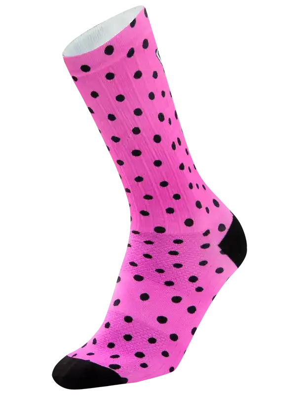 Pink cycling socks with black polka dots, toe and heel accents, designed for comfort and style on rides.