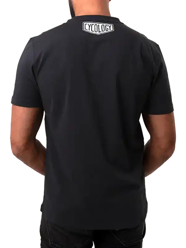 Black men's cycling t-shirt with Cycology logo on back, casual fit for active wear