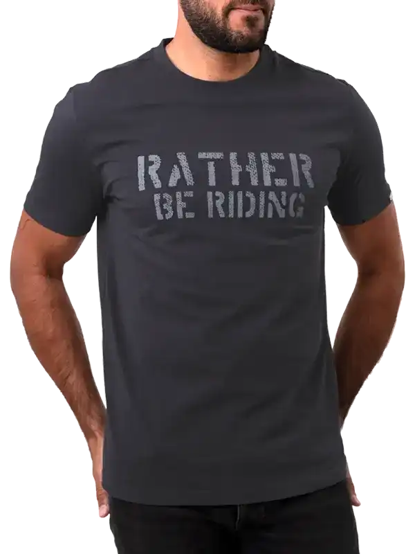 Men's dark gray cycling t-shirt with 'Rather Be Riding' graphic print, casual fit for bike enthusiasts