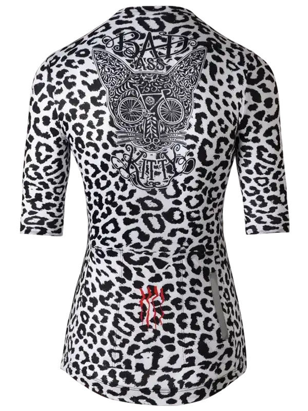 Women's cycling jersey with leopard print and 'Bad Ass Kitty' graphic design
