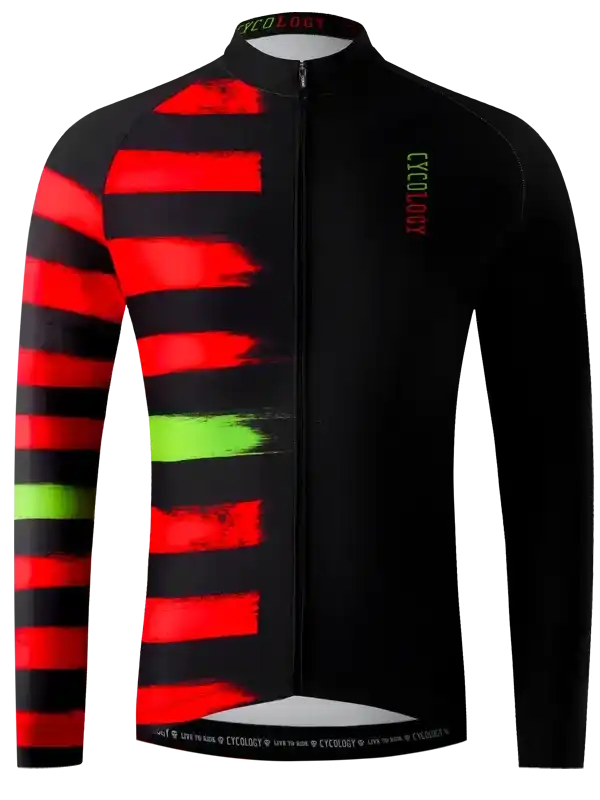 Men's long sleeve cycling jersey with bold red and green stripes, full zip, and performance fabric design