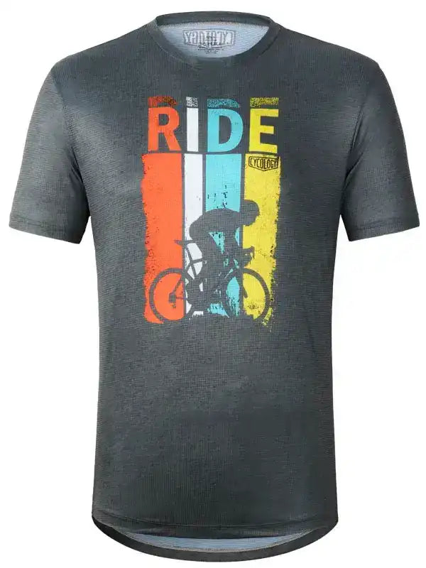 Men's cycling jersey with 'RIDE' graphic and cyclist silhouette on dark gray fabric