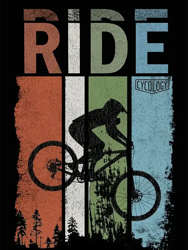 RIDE graphic t-shirt with cyclist silhouette, forest scene, and vintage color blocks for cycling apparel