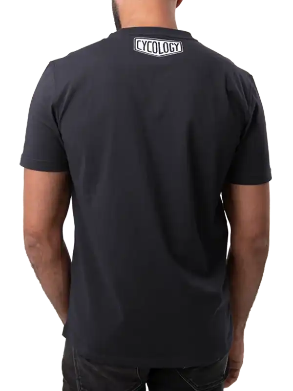 Black men's cycling t-shirt with white Cycology logo on back, casual fit for bike rides