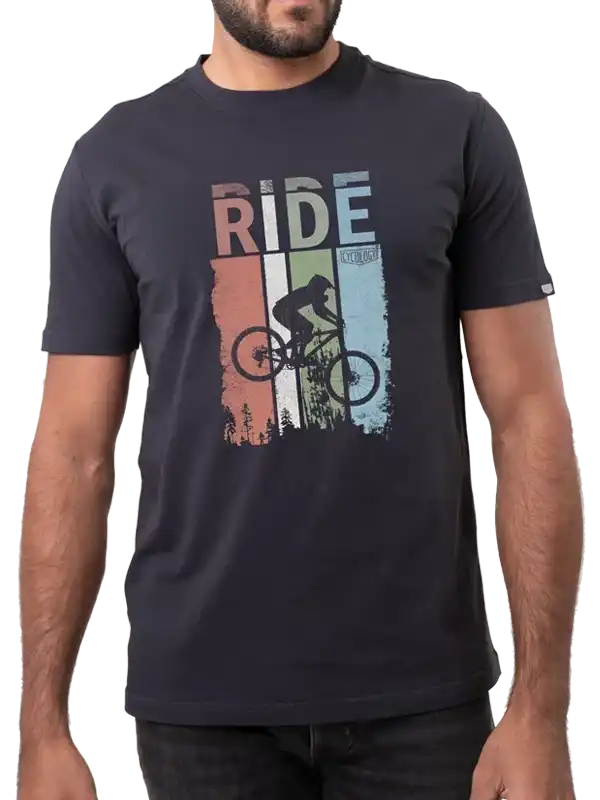 Men's cycling t-shirt with 'RIDE' graphic and mountain biker design, ideal for bike enthusiasts.