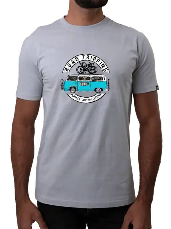 Men's cycling t-shirt with vintage van and bike graphic, perfect for road tripping adventures