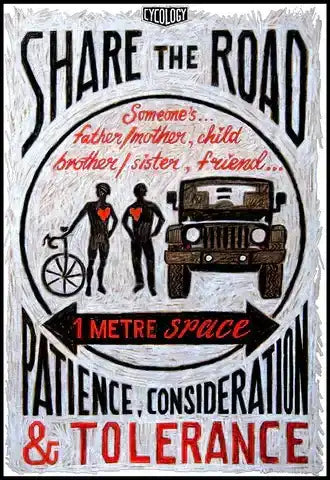 Share the Road cycling safety poster with bike, car, and 1 metre space message for patience & tolerance
