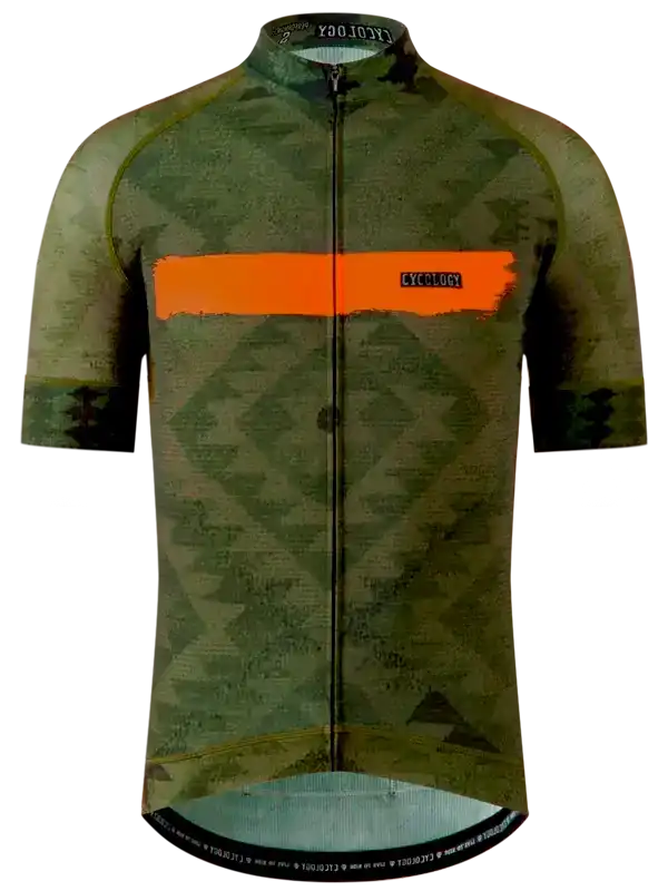 Men's cycling jersey with green geometric pattern and orange stripe, full zip front, short sleeves