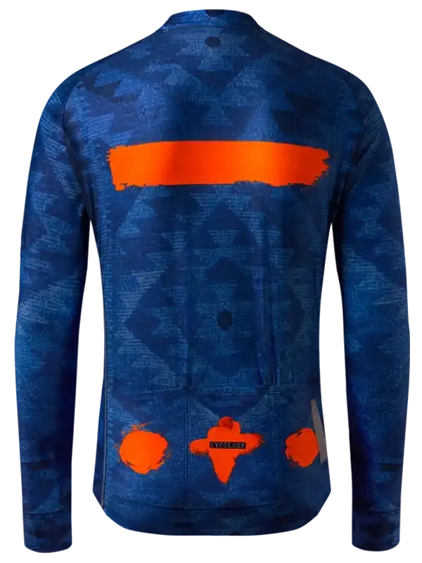Blue long-sleeve cycling jersey with orange graphic design, rear view, performance fabric