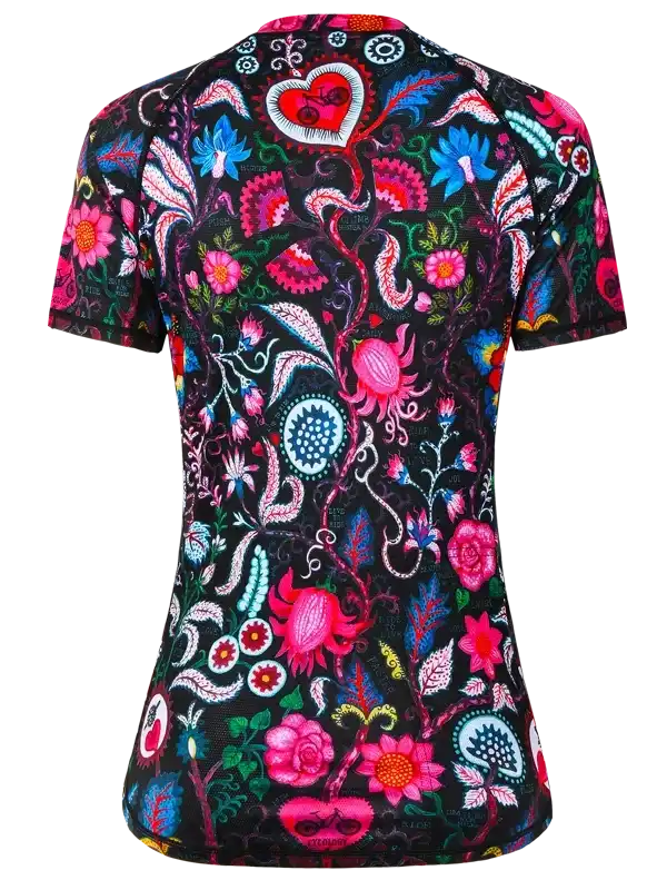 Women's cycling jersey with vibrant floral and heart pattern on black background, short sleeves