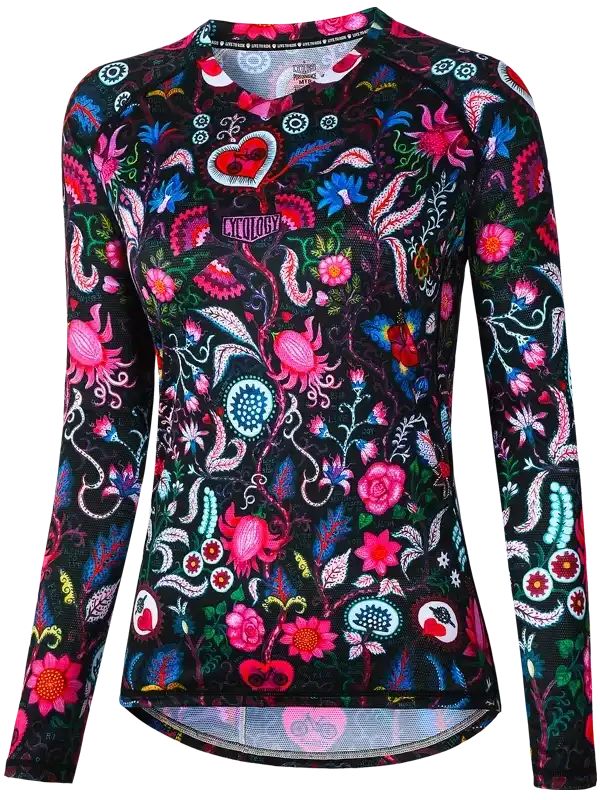 Women's long sleeve cycling jersey with vibrant floral and heart pattern on black background