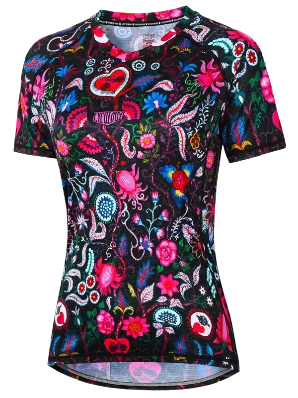 Women's cycling jersey with vibrant floral and heart print on black background, short sleeve design