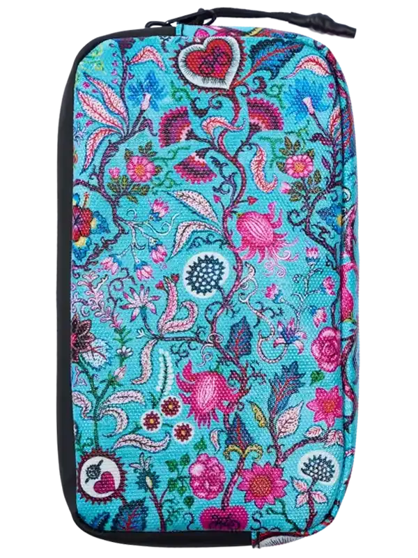 Vibrant floral-patterned cycling accessory pouch with heart motifs and turquoise background