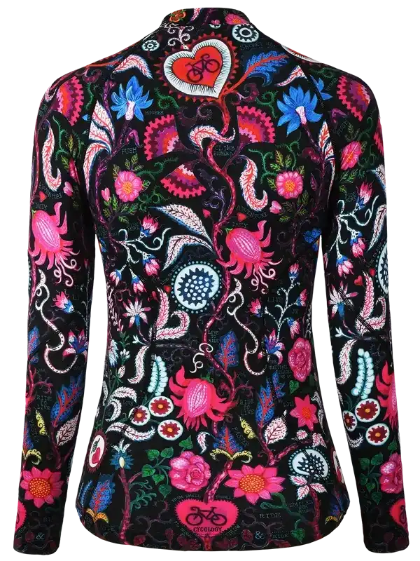 Vibrant floral cycling jersey with heart and bike motifs, perfect for women's cycling adventures.