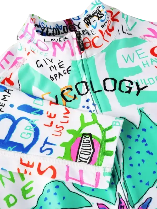 Colorful cycling jersey with bold graphics and text, designed for men and women riders.