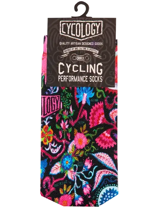 Colorful floral cycling performance socks with bold patterns, ideal for bike culture and active lifestyle.