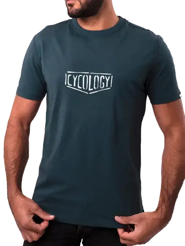 Men's dark green cycling t-shirt with white logo, ideal for bike rides and athletic wear
