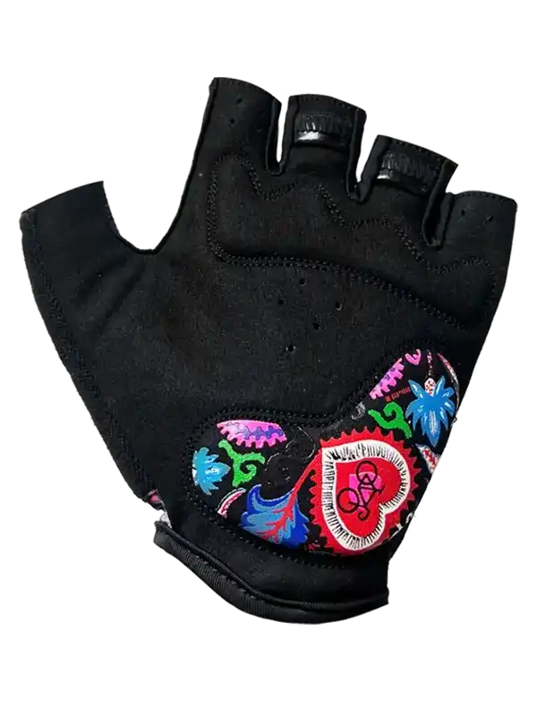 Black fingerless cycling glove with colorful embroidered floral and heart designs, ideal for men's and women's bike rides.