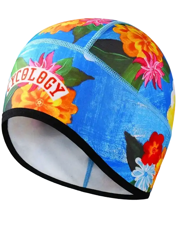 Cycling cap with vibrant floral print and 'CYCOLOGY' logo, ideal for men's and women's bike rides