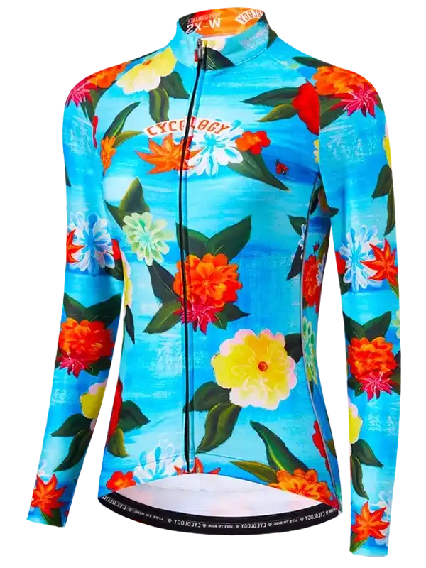 Women's long sleeve cycling jersey with vibrant floral print on blue background, full zip front