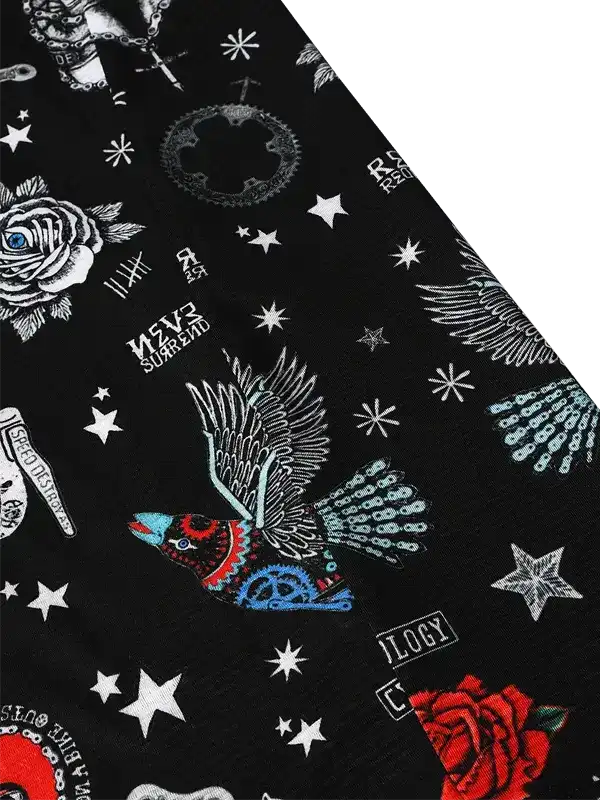 Black cycling jersey with bold graphic print featuring roses, stars, and a colorful bird design.