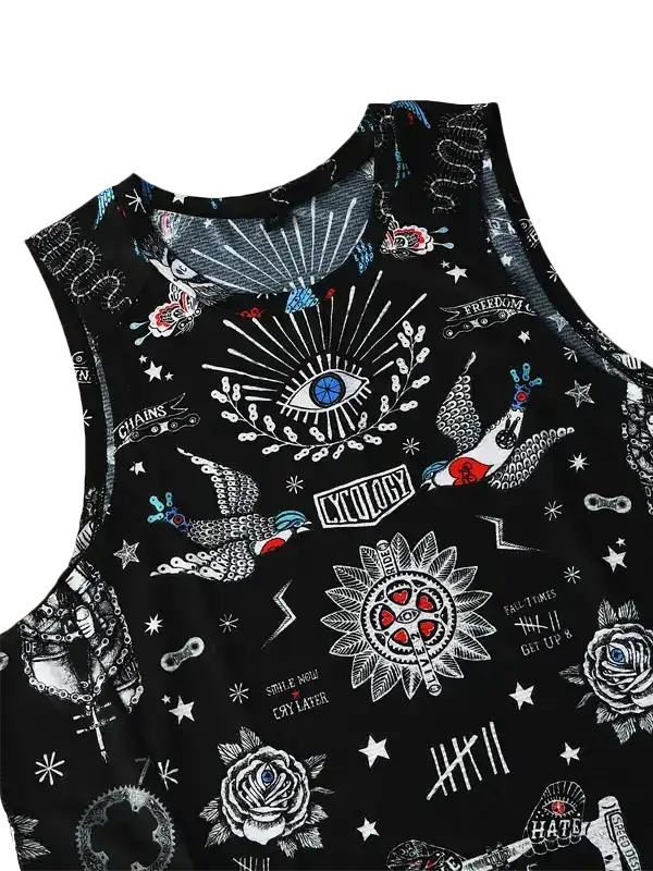 Black sleeveless cycling jersey with tattoo-style graphics, roses, eyes, and bold text designs